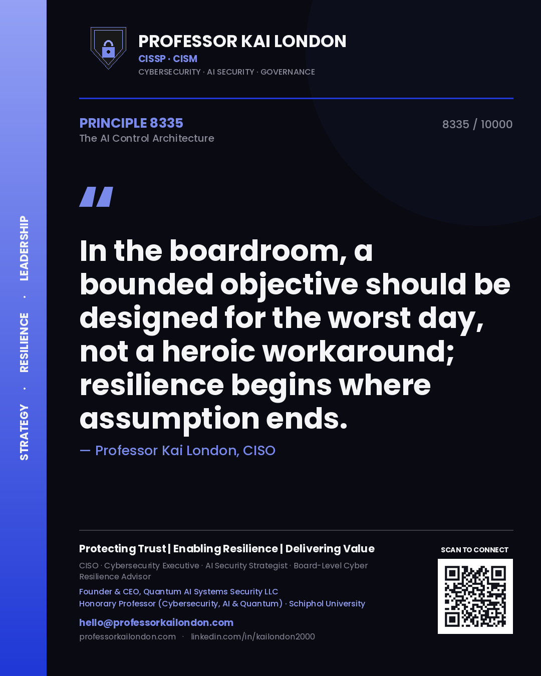 Quote card by Professor Kai London reading 'In the boardroom, a bounded objective should be designed for the worst day, not a heroic workaround; resilience begins where assumption ends.'. From the book The AI Control Architecture.