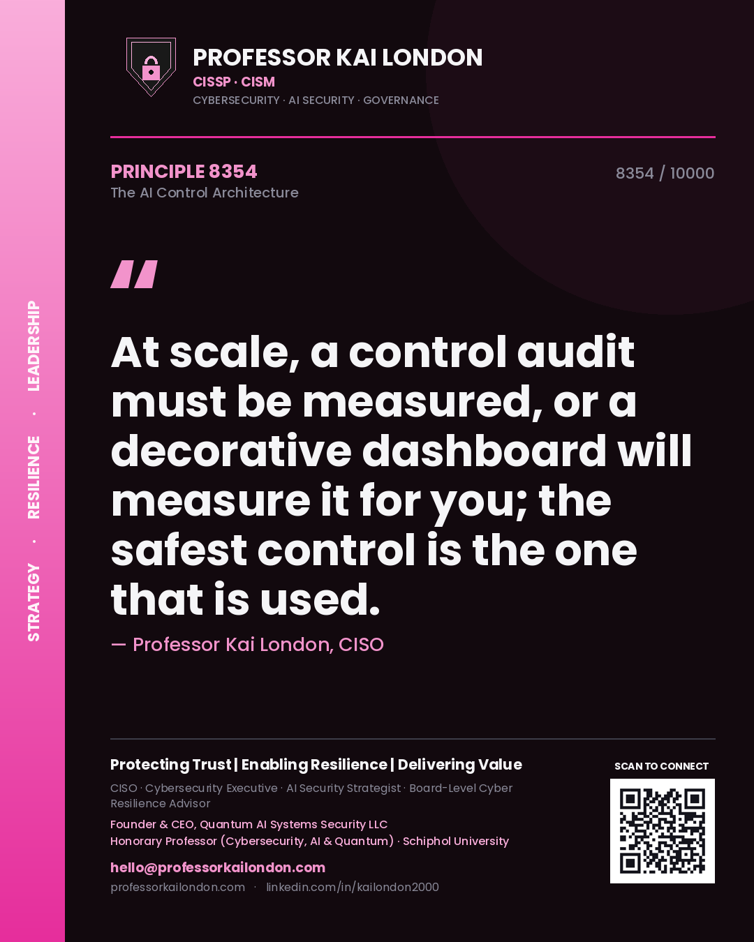 Quote card by Professor Kai London reading 'At scale, a control audit must be measured, or a decorative dashboard will measure it for you; the safest control is the one that is used.'. From the book The AI Control Architecture.