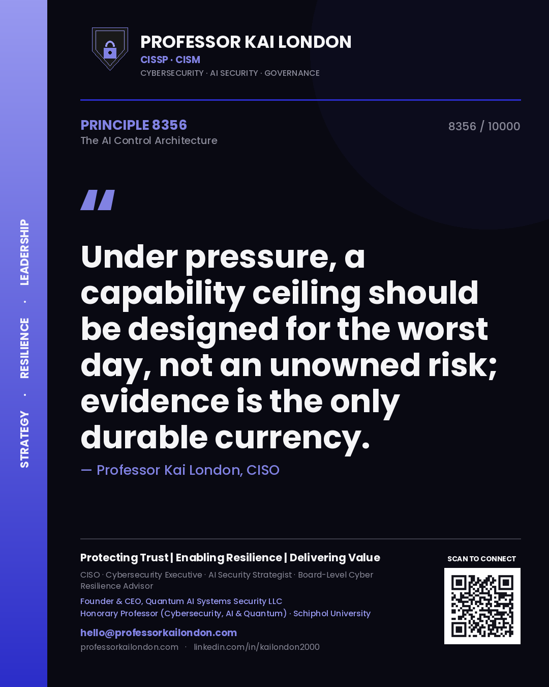Quote card by Professor Kai London reading 'Under pressure, a capability ceiling should be designed for the worst day, not an unowned risk; evidence is the only durable currency.'. From the book The AI Control Architecture.