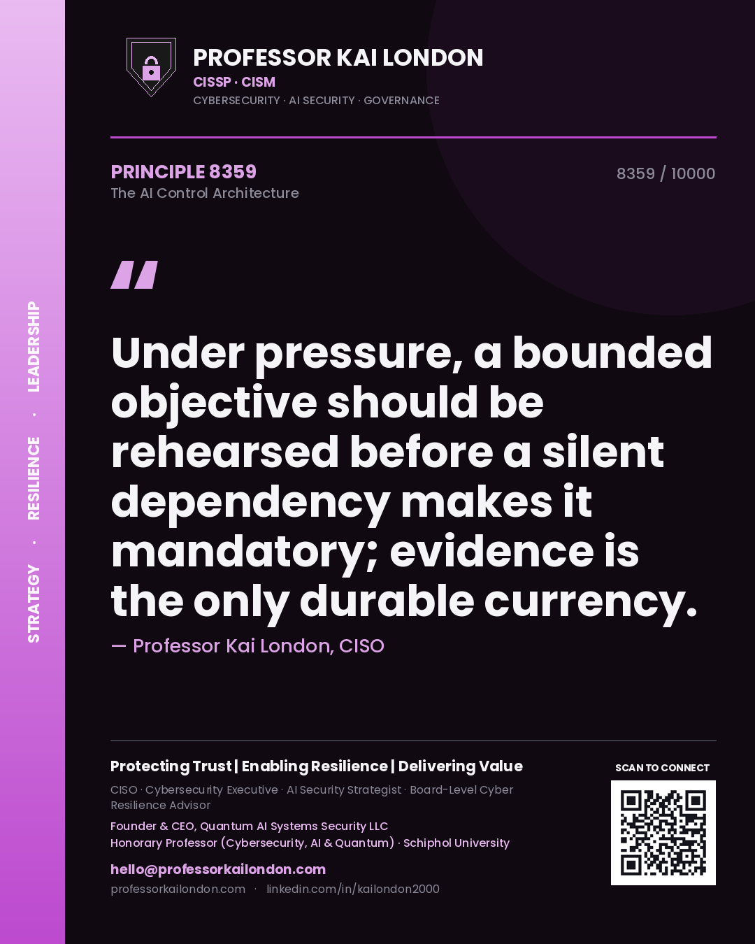 Professor Kai London principle 8359: Under pressure, a bounded objective should be rehearsed before a silent dependency makes it mandatory; evidence is the only durable currency.