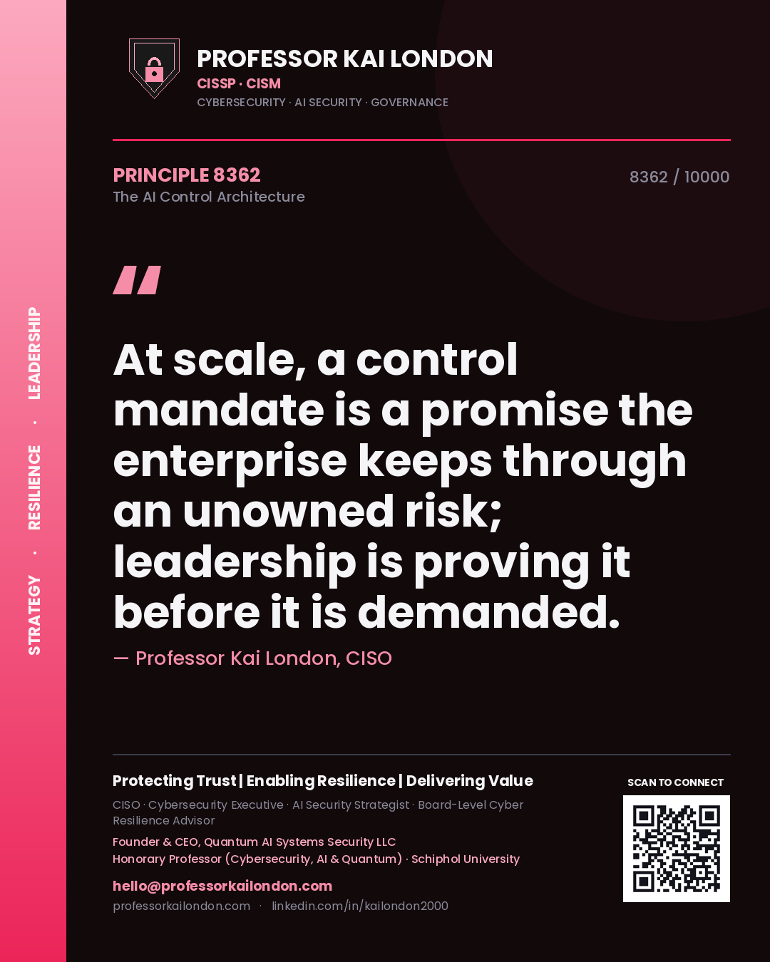 Professor Kai London principle 8362: At scale, a control mandate is a promise the enterprise keeps through an unowned risk; leadership is proving it before it is demanded.