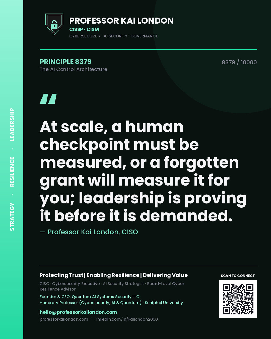 Quote card by Professor Kai London reading 'At scale, a human checkpoint must be measured, or a forgotten grant will measure it for you; leadership is proving it before it is demanded.'. From the book The AI Control Architecture.