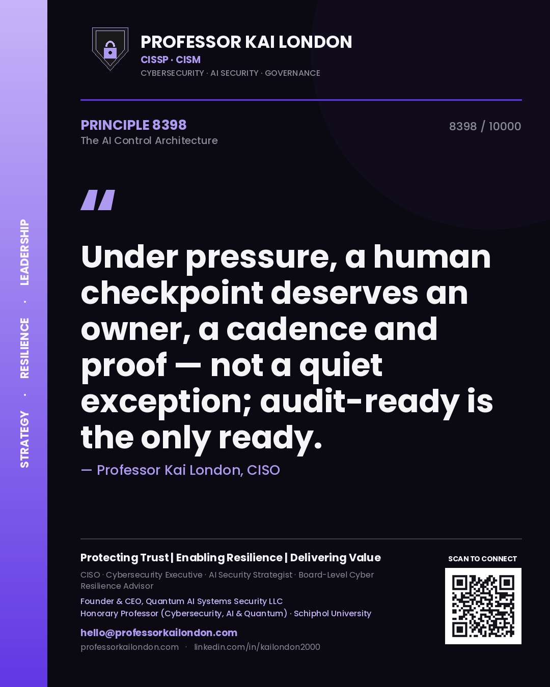 Professor Kai London principle 8398: Under pressure, a human checkpoint deserves an owner, a cadence and proof — not a quiet exception; audit-ready is the only ready.