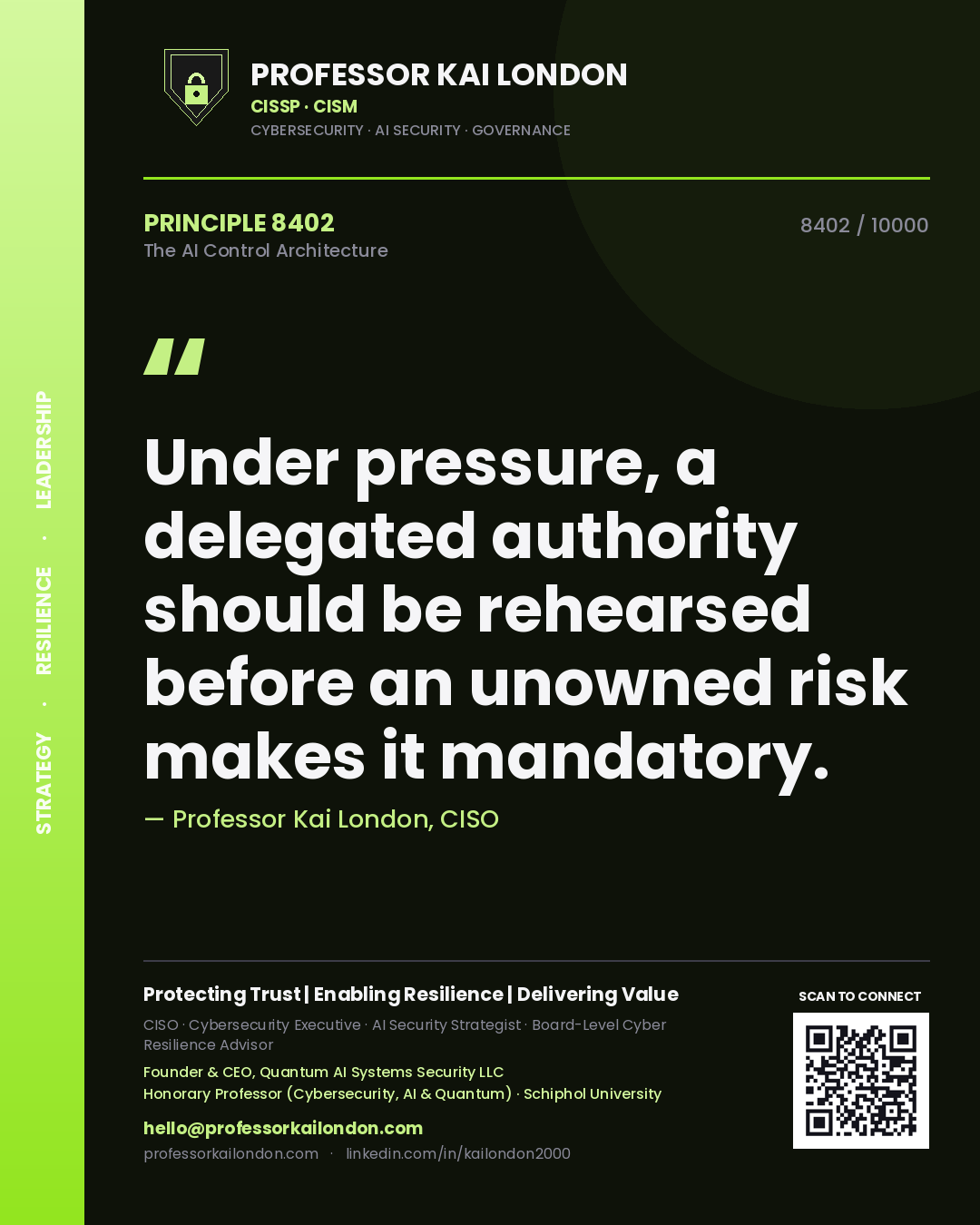 Professor Kai London principle 8402: Under pressure, a delegated authority should be rehearsed before an unowned risk makes it mandatory.