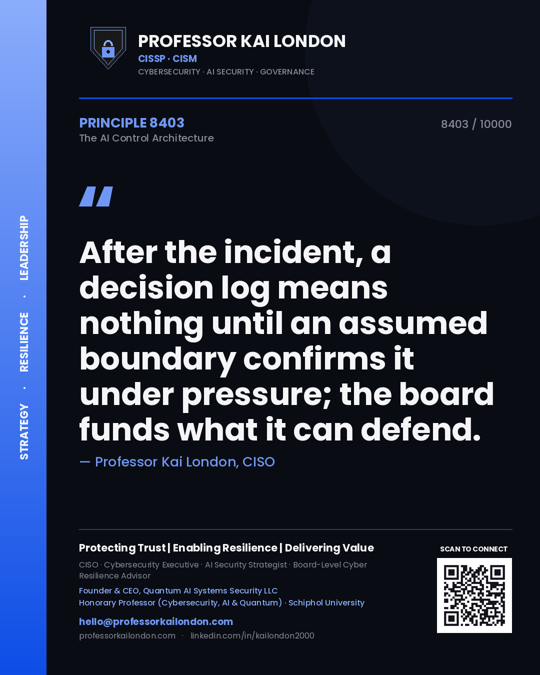 Professor Kai London principle 8403: After the incident, a decision log means nothing until an assumed boundary confirms it under pressure; the board funds what it can defend.