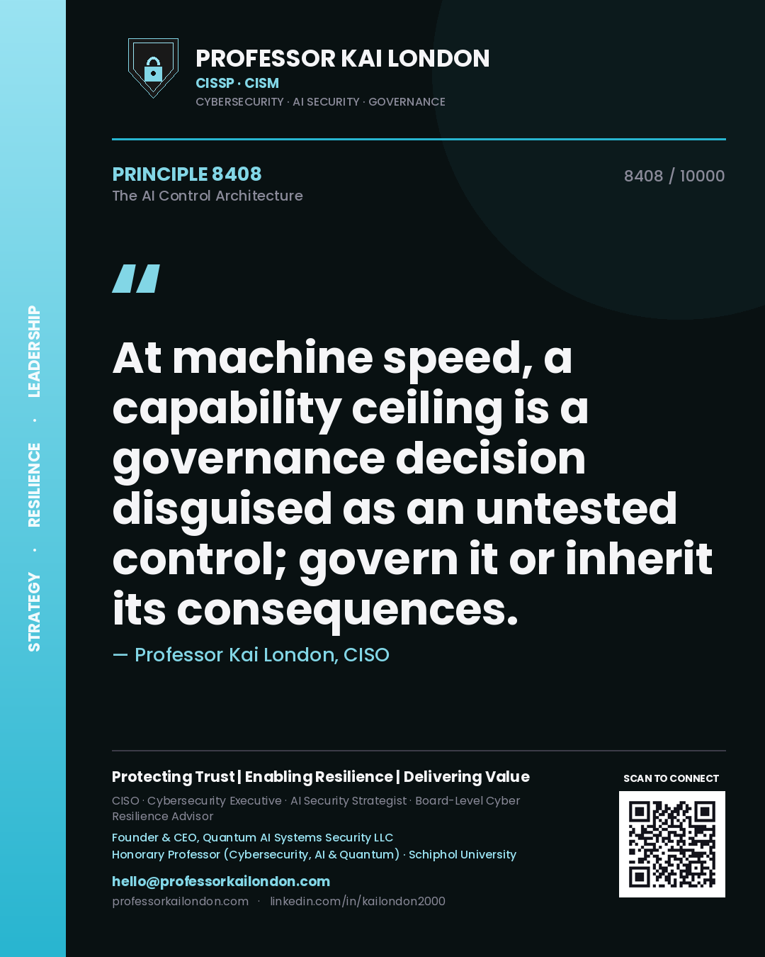 Quote card by Professor Kai London reading 'At machine speed, a capability ceiling is a governance decision disguised as an untested control; govern it or inherit its consequences.'. From the book The AI Control Architecture.