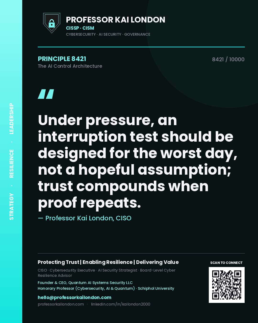 Quote card by Professor Kai London reading 'Under pressure, an interruption test should be designed for the worst day, not a hopeful assumption; trust compounds when proof repeats.'. From the book The AI Control Architecture.