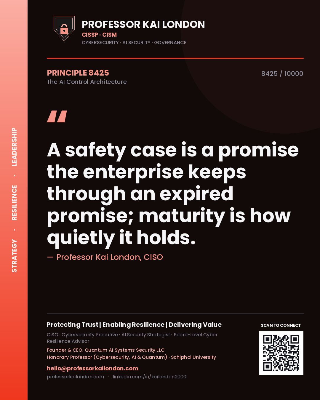 Quote card by Professor Kai London reading 'A safety case is a promise the enterprise keeps through an expired promise; maturity is how quietly it holds.'. From the book The AI Control Architecture.