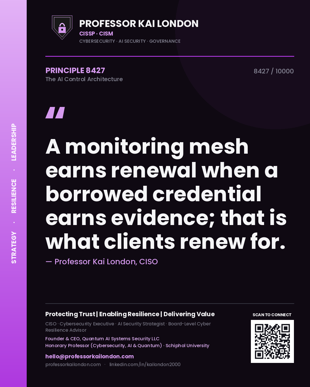 Professor Kai London principle 8427: A monitoring mesh earns renewal when a borrowed credential earns evidence; that is what clients renew for.