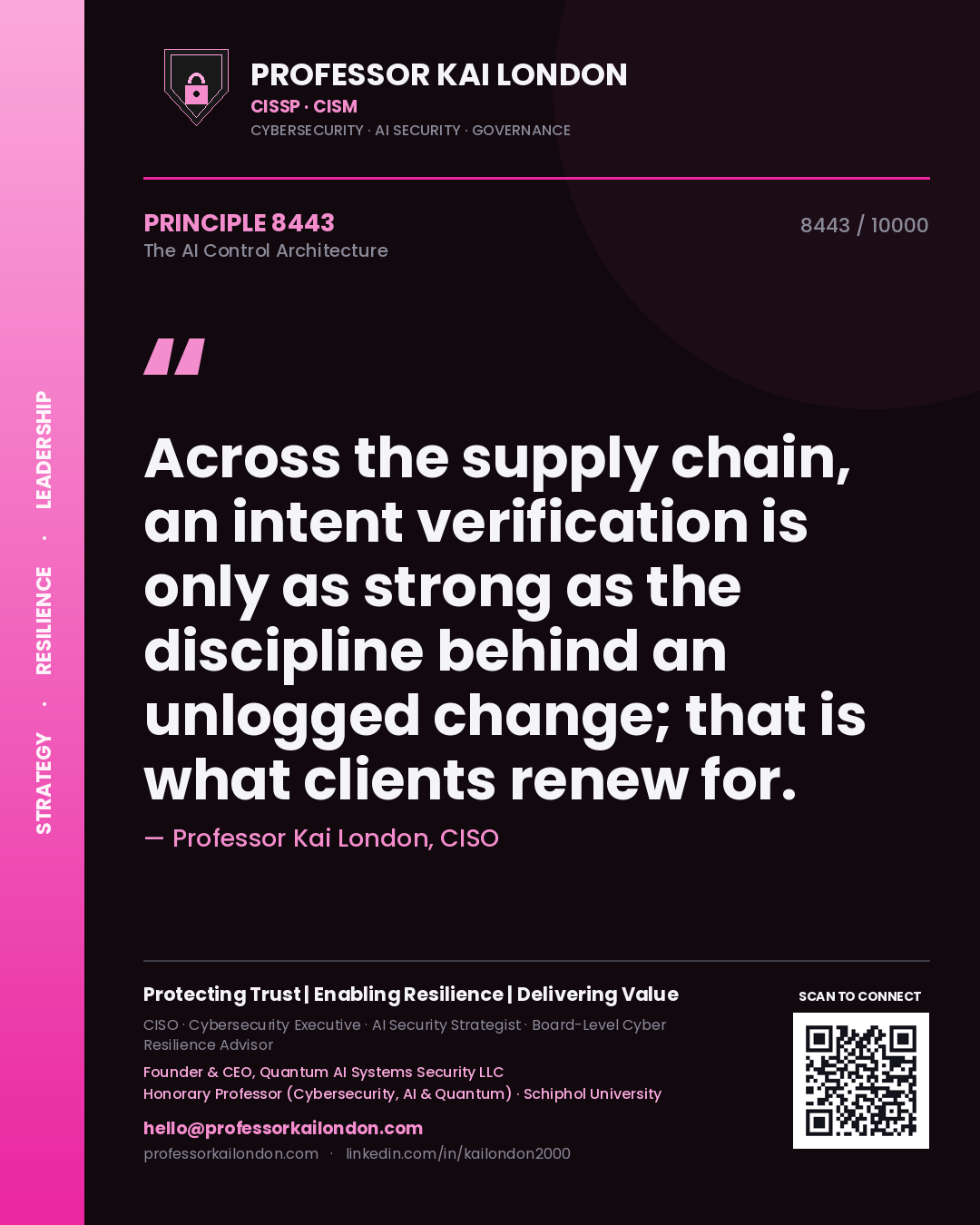 Professor Kai London principle 8443: Across the supply chain, an intent verification is only as strong as the discipline behind an unlogged change; that is what clients renew for.