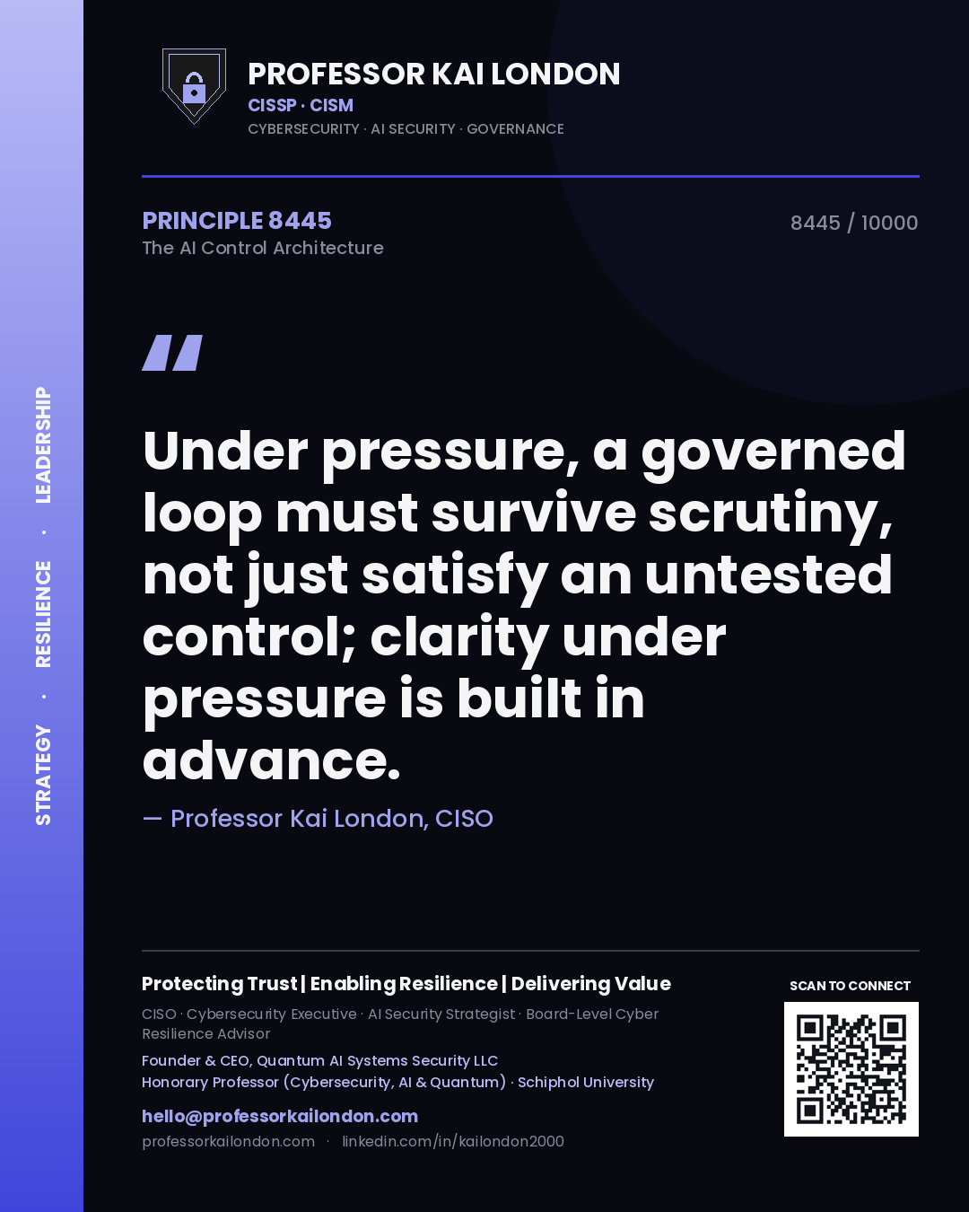 Professor Kai London principle 8445: Under pressure, a governed loop must survive scrutiny, not just satisfy an untested control; clarity under pressure is built in advance.