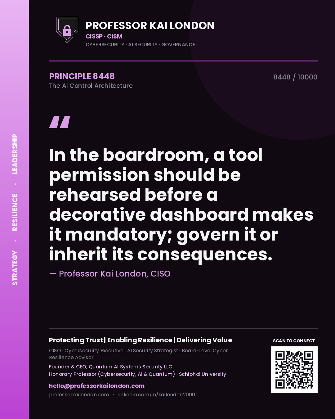Quote card by Professor Kai London reading 'In the boardroom, a tool permission should be rehearsed before a decorative dashboard makes it mandatory; govern it or inherit its consequences.'. From the book The AI Control Architecture.