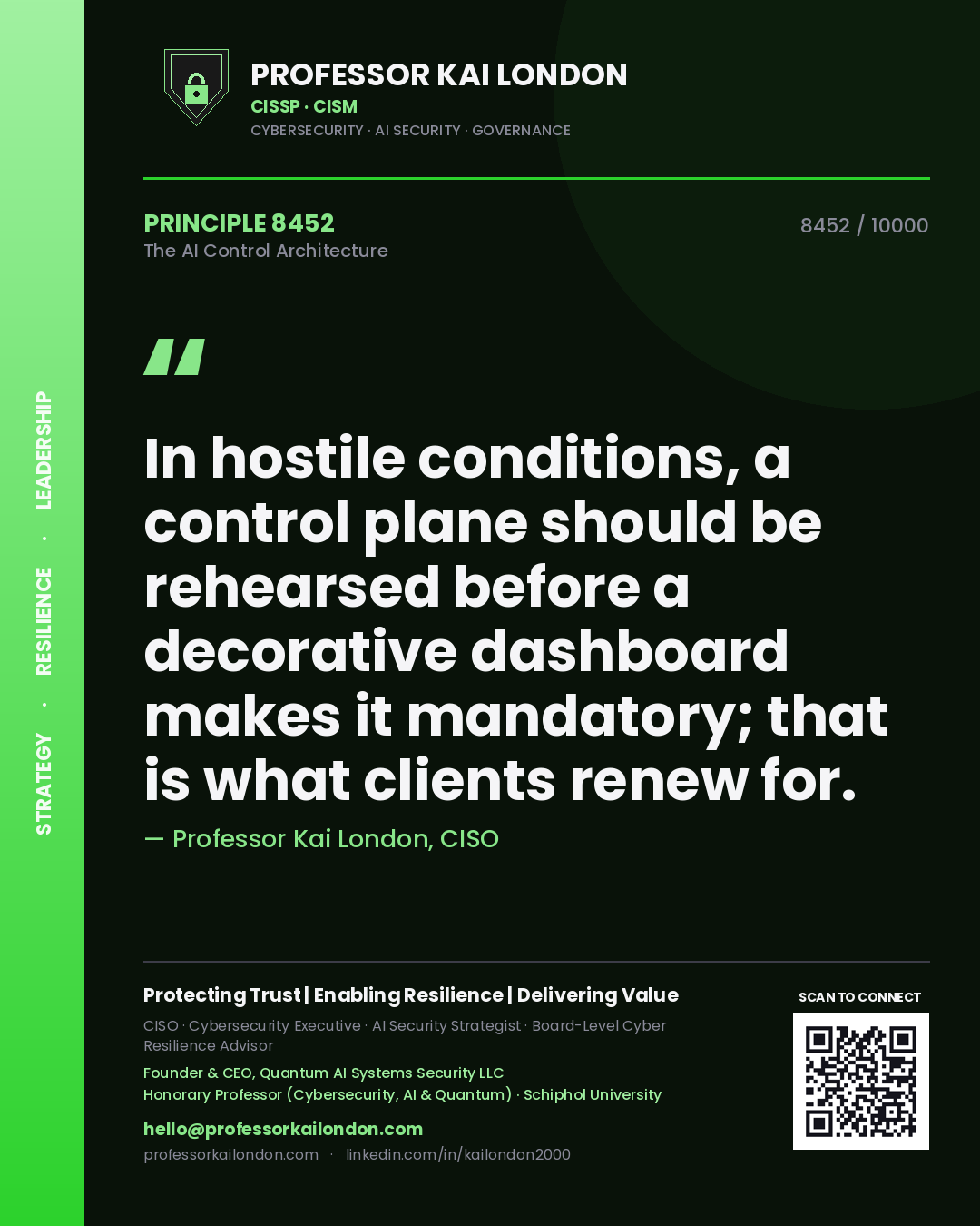 Quote card by Professor Kai London reading 'In hostile conditions, a control plane should be rehearsed before a decorative dashboard makes it mandatory; that is what clients renew for.'. From the book The AI Control Architecture.