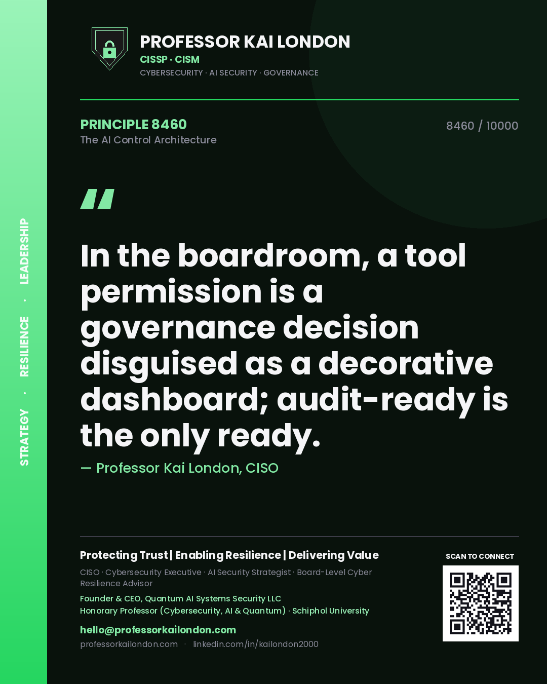 Professor Kai London principle 8460: In the boardroom, a tool permission is a governance decision disguised as a decorative dashboard; audit-ready is the only ready.