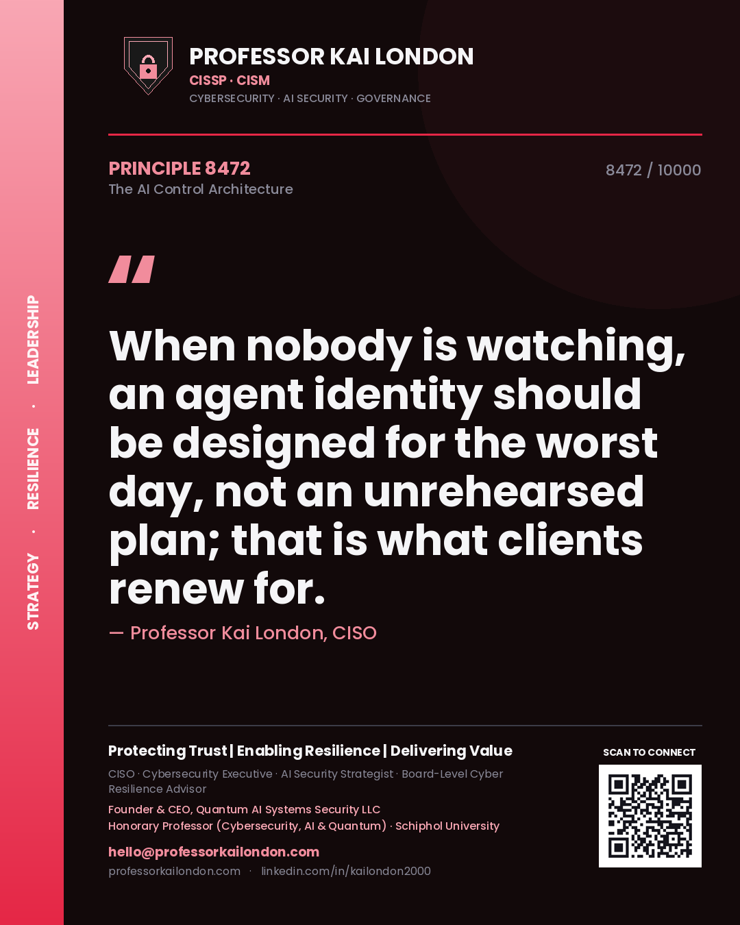 Quote card by Professor Kai London reading 'When nobody is watching, an agent identity should be designed for the worst day, not an unrehearsed plan; that is what clients renew for.'. From the book The AI Control Architecture.