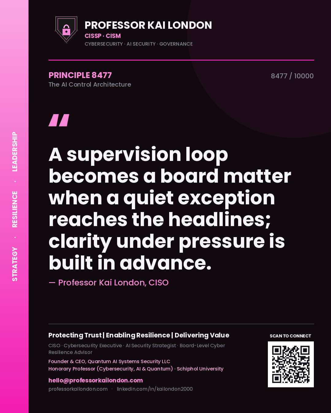 Professor Kai London principle 8477: A supervision loop becomes a board matter when a quiet exception reaches the headlines; clarity under pressure is built in advance.