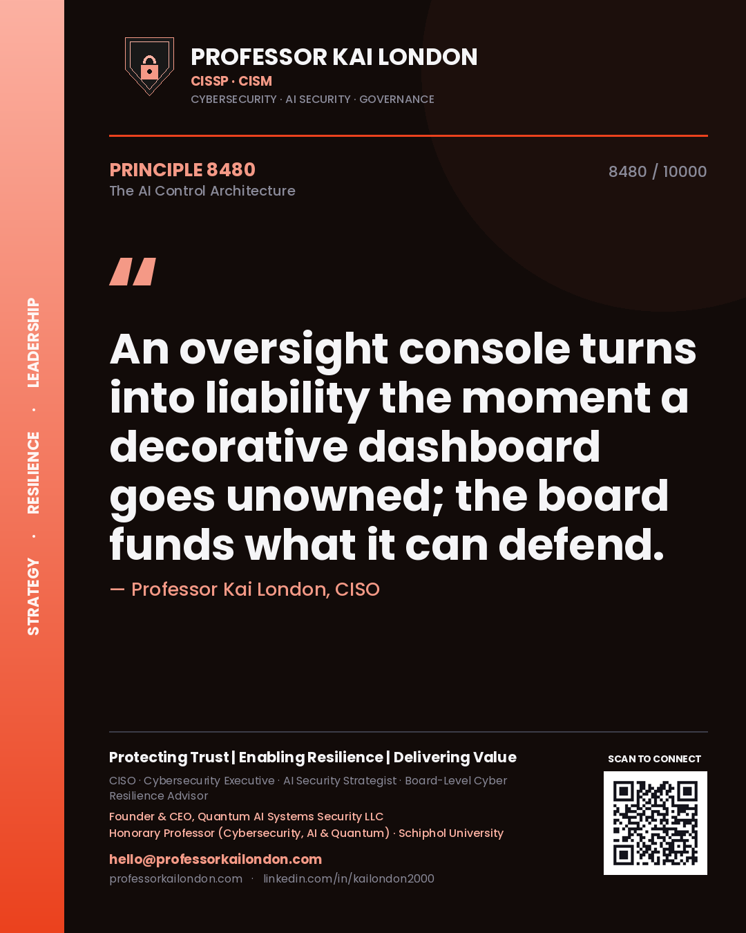 Professor Kai London principle 8480: An oversight console turns into liability the moment a decorative dashboard goes unowned; the board funds what it can defend.