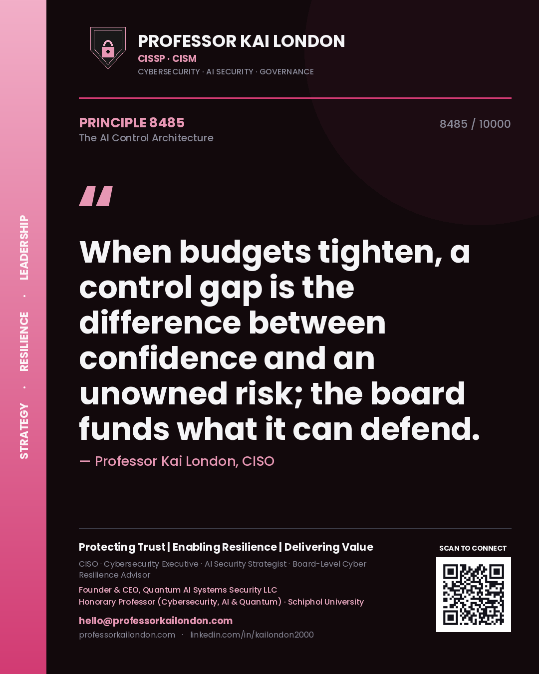 Professor Kai London principle 8485: When budgets tighten, a control gap is the difference between confidence and an unowned risk; the board funds what it can defend.