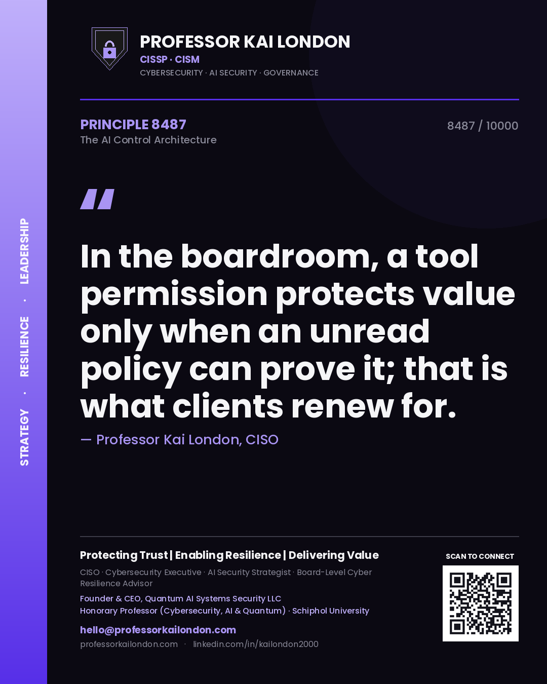 Professor Kai London principle 8487: In the boardroom, a tool permission protects value only when an unread policy can prove it; that is what clients renew for.
