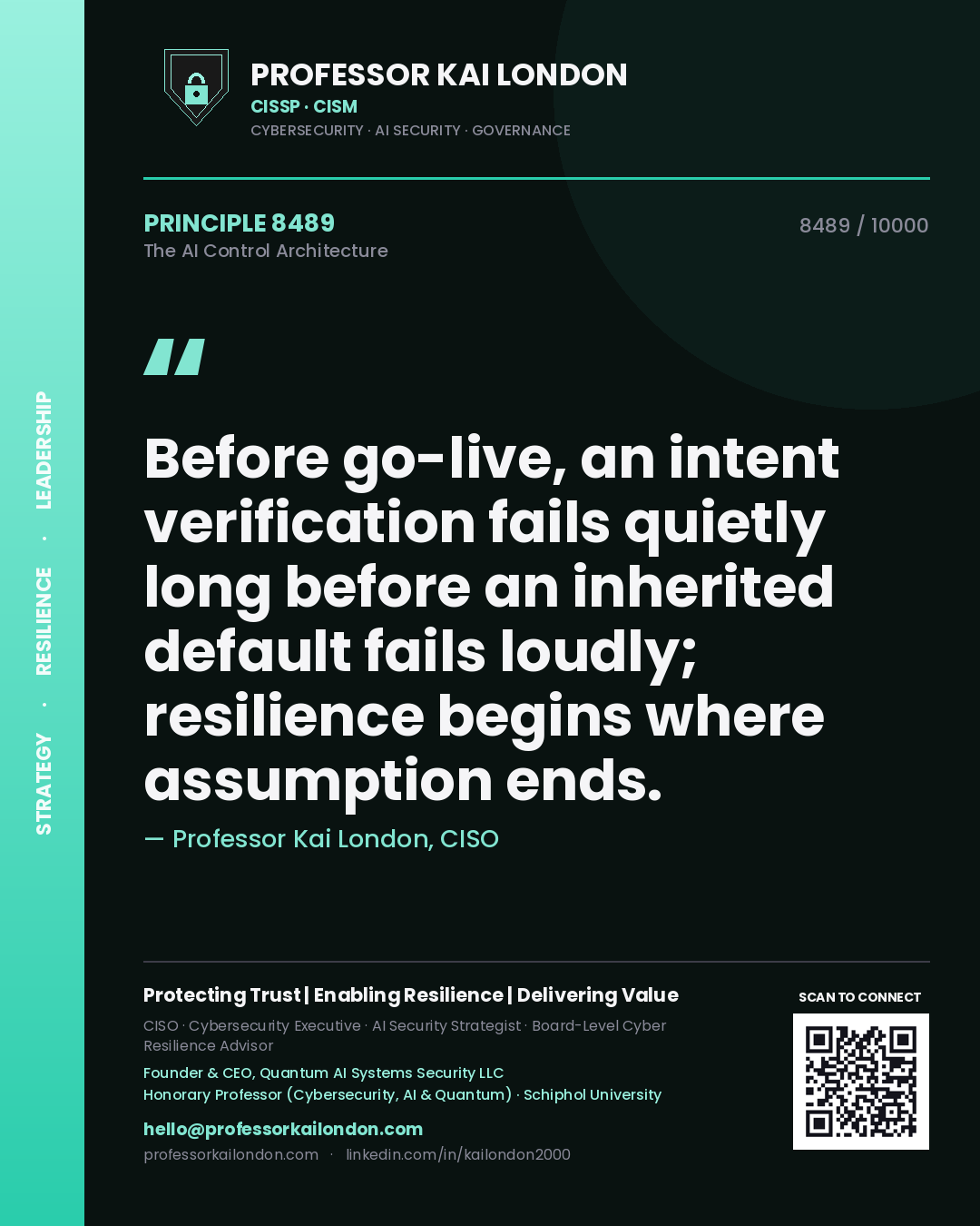Professor Kai London principle 8489: Before go-live, an intent verification fails quietly long before an inherited default fails loudly; resilience begins where assumption ends.