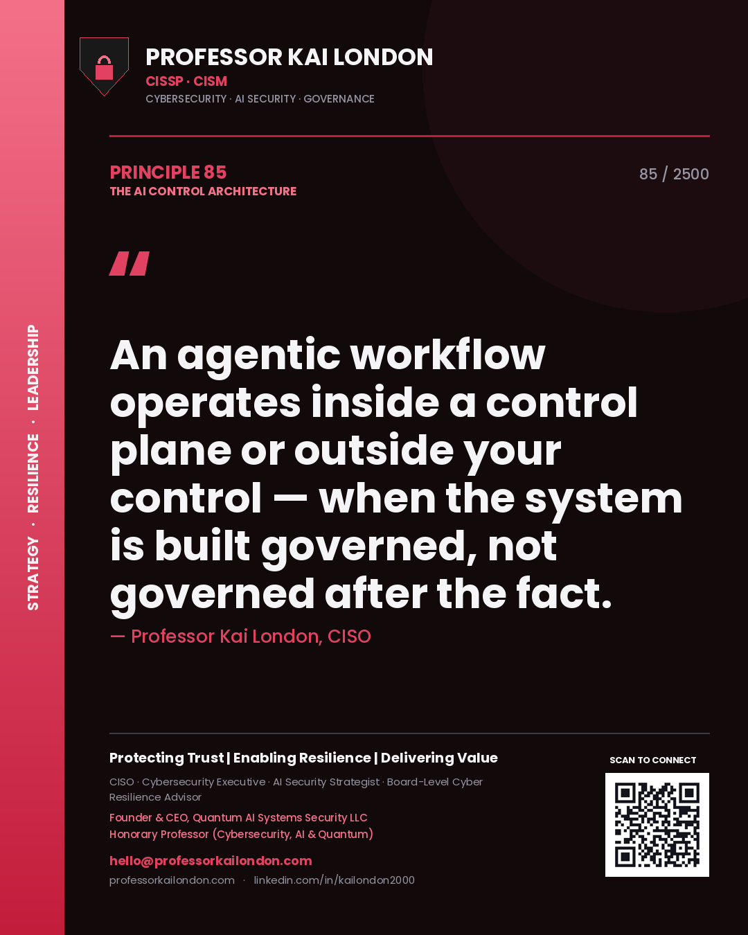 Professor Kai London principle 85: An agentic workflow operates inside a control plane or outside your control — when the system is built governed, not governed after the fact.