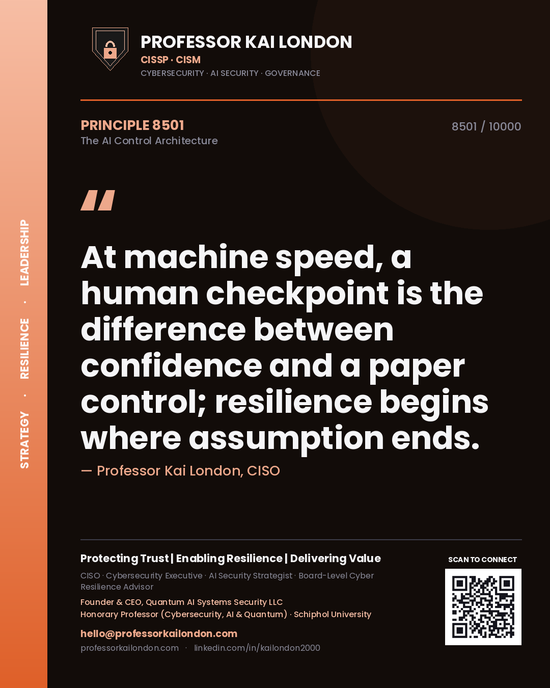 Quote card by Professor Kai London reading 'At machine speed, a human checkpoint is the difference between confidence and a paper control; resilience begins where assumption ends.'. From the book The AI Control Architecture.