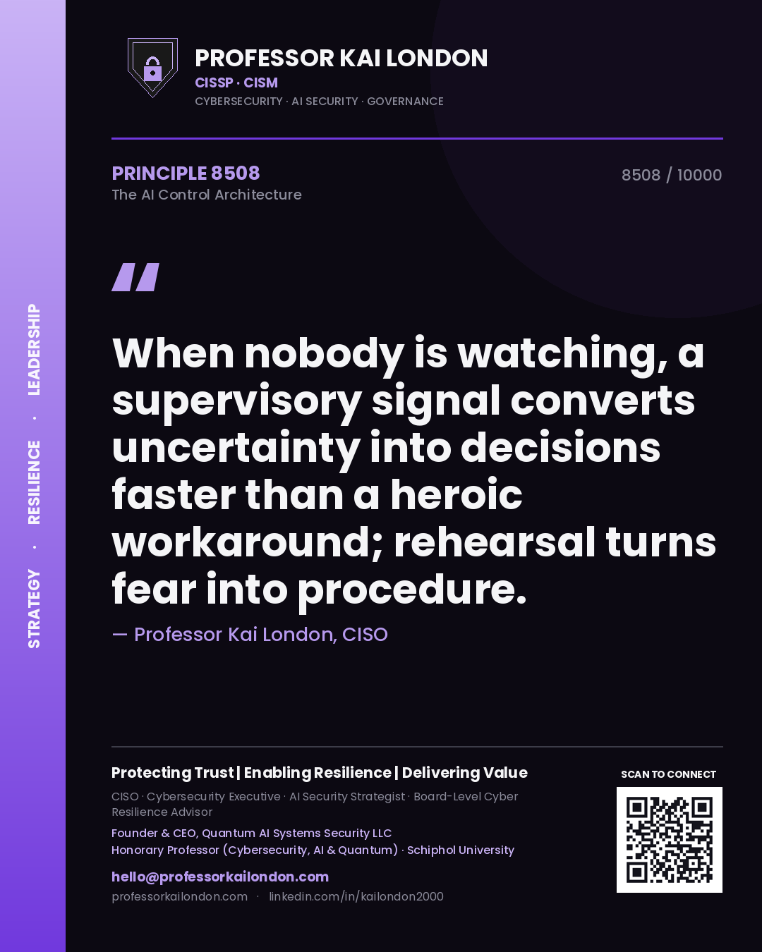 Quote card by Professor Kai London reading 'When nobody is watching, a supervisory signal converts uncertainty into decisions faster than a heroic workaround; rehearsal turns fear into procedure.'. From the book The AI Control Architecture.
