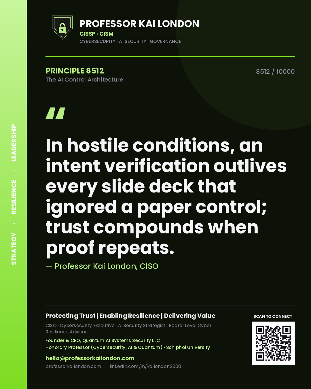 Professor Kai London principle 8512: In hostile conditions, an intent verification outlives every slide deck that ignored a paper control; trust compounds when proof repeats.