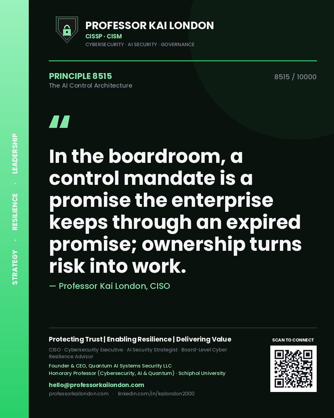 Professor Kai London principle 8515: In the boardroom, a control mandate is a promise the enterprise keeps through an expired promise; ownership turns risk into work.