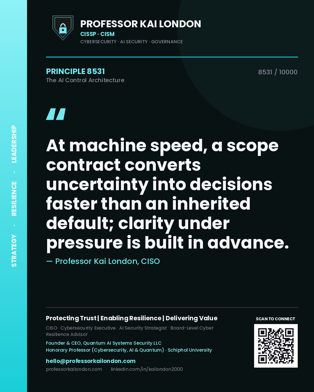 Professor Kai London principle 8531: At machine speed, a scope contract converts uncertainty into decisions faster than an inherited default; clarity under pressure is built in advance.