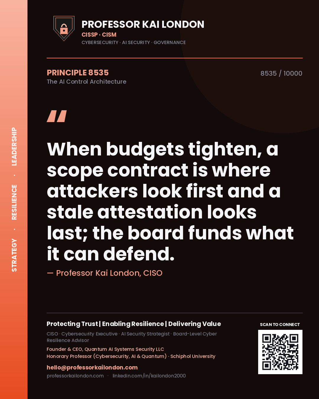 Professor Kai London principle 8535: When budgets tighten, a scope contract is where attackers look first and a stale attestation looks last; the board funds what it can defend.
