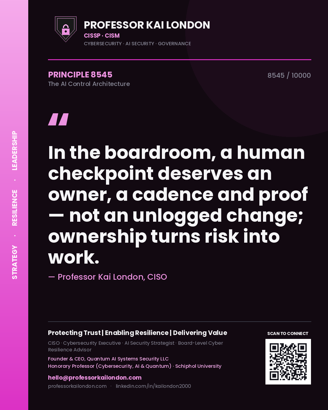 Professor Kai London principle 8545: In the boardroom, a human checkpoint deserves an owner, a cadence and proof — not an unlogged change; ownership turns risk into work.