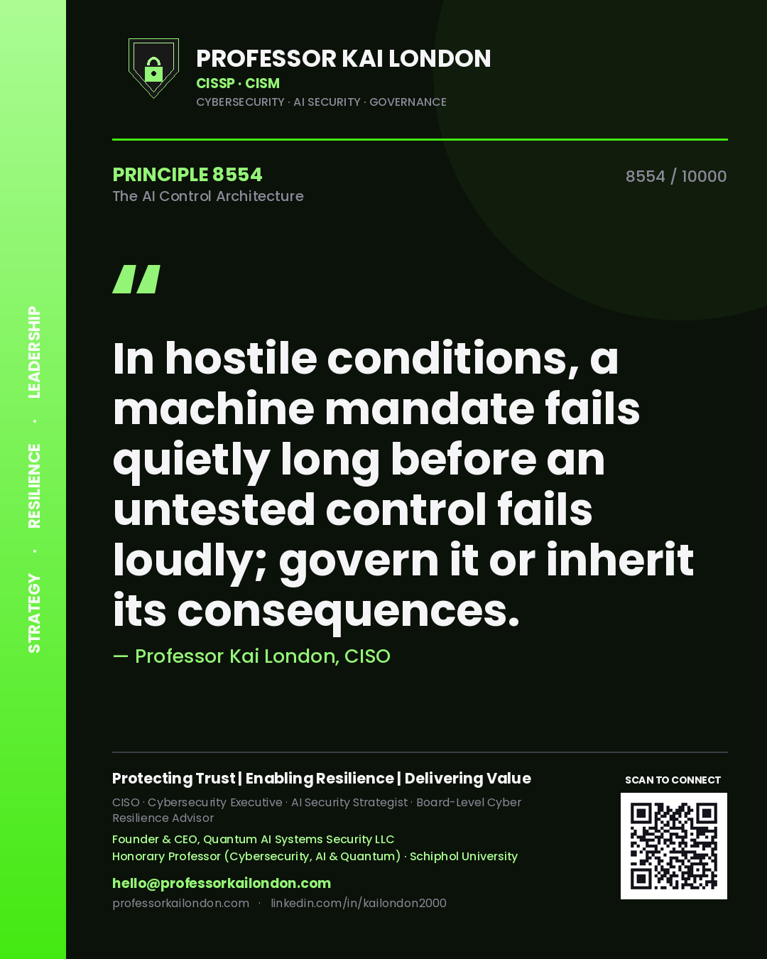 Quote card by Professor Kai London reading 'In hostile conditions, a machine mandate fails quietly long before an untested control fails loudly; govern it or inherit its consequences.'. From the book The AI Control Architecture.