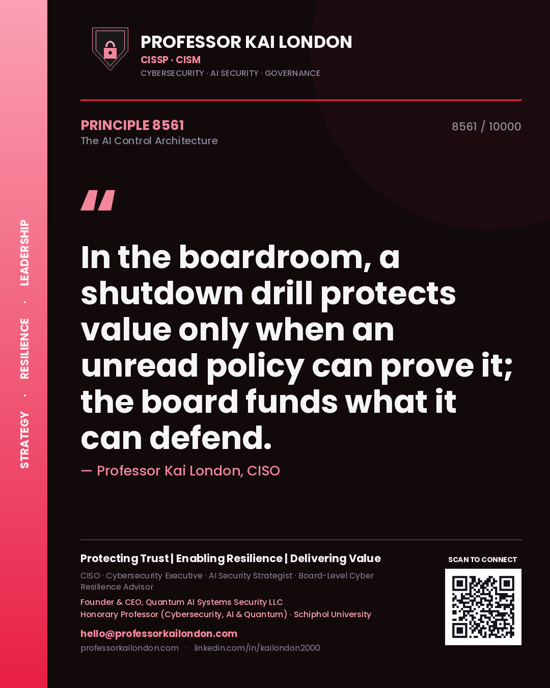 Professor Kai London principle 8561: In the boardroom, a shutdown drill protects value only when an unread policy can prove it; the board funds what it can defend.