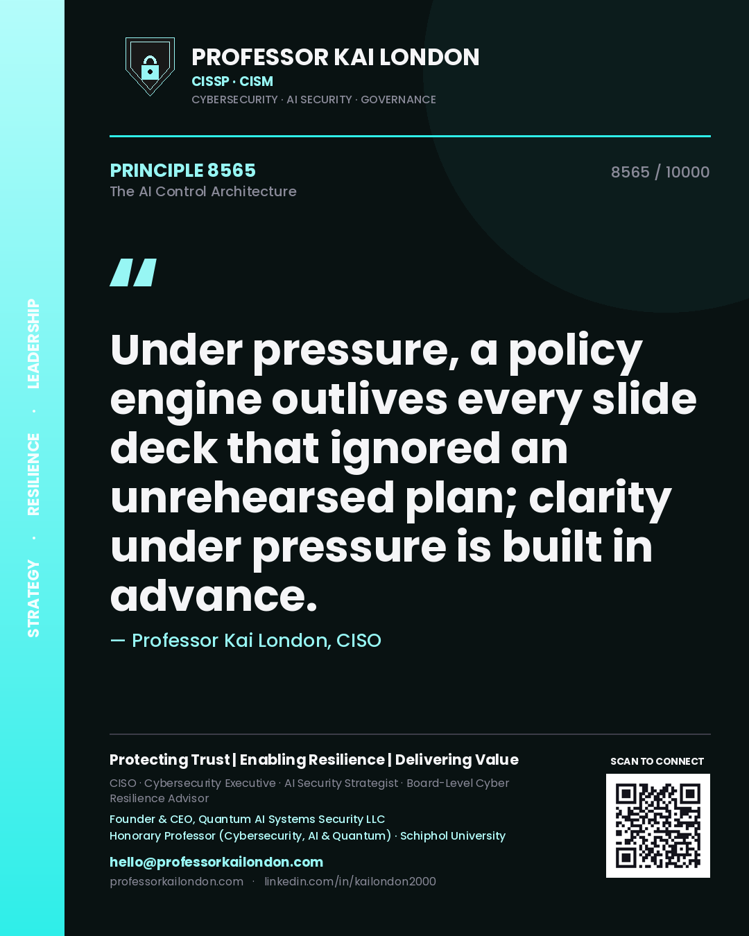 Professor Kai London principle 8565: Under pressure, a policy engine outlives every slide deck that ignored an unrehearsed plan; clarity under pressure is built in advance.