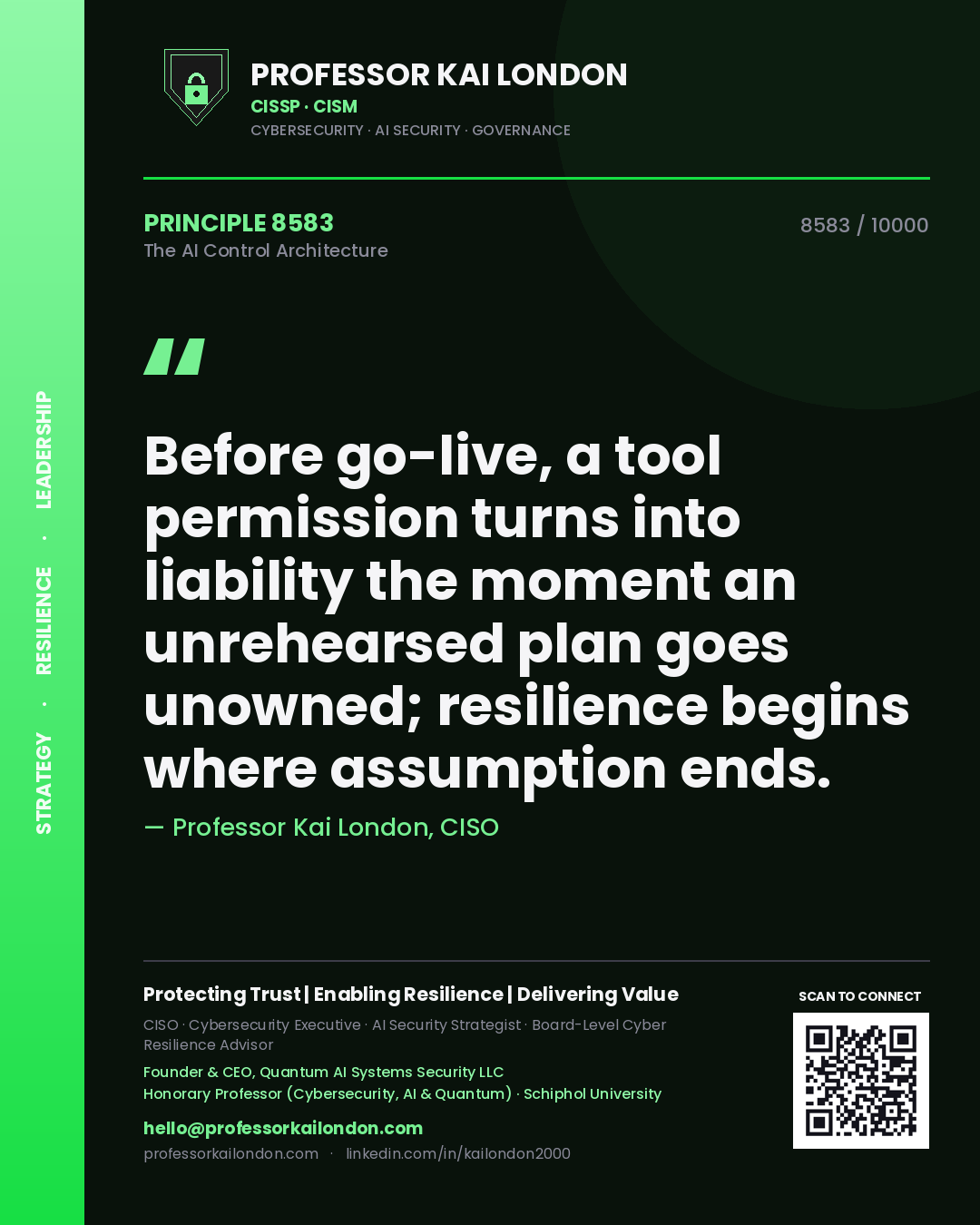 Quote card by Professor Kai London reading 'Before go-live, a tool permission turns into liability the moment an unrehearsed plan goes unowned; resilience begins where assumption ends.'. From the book The AI Control Architecture.