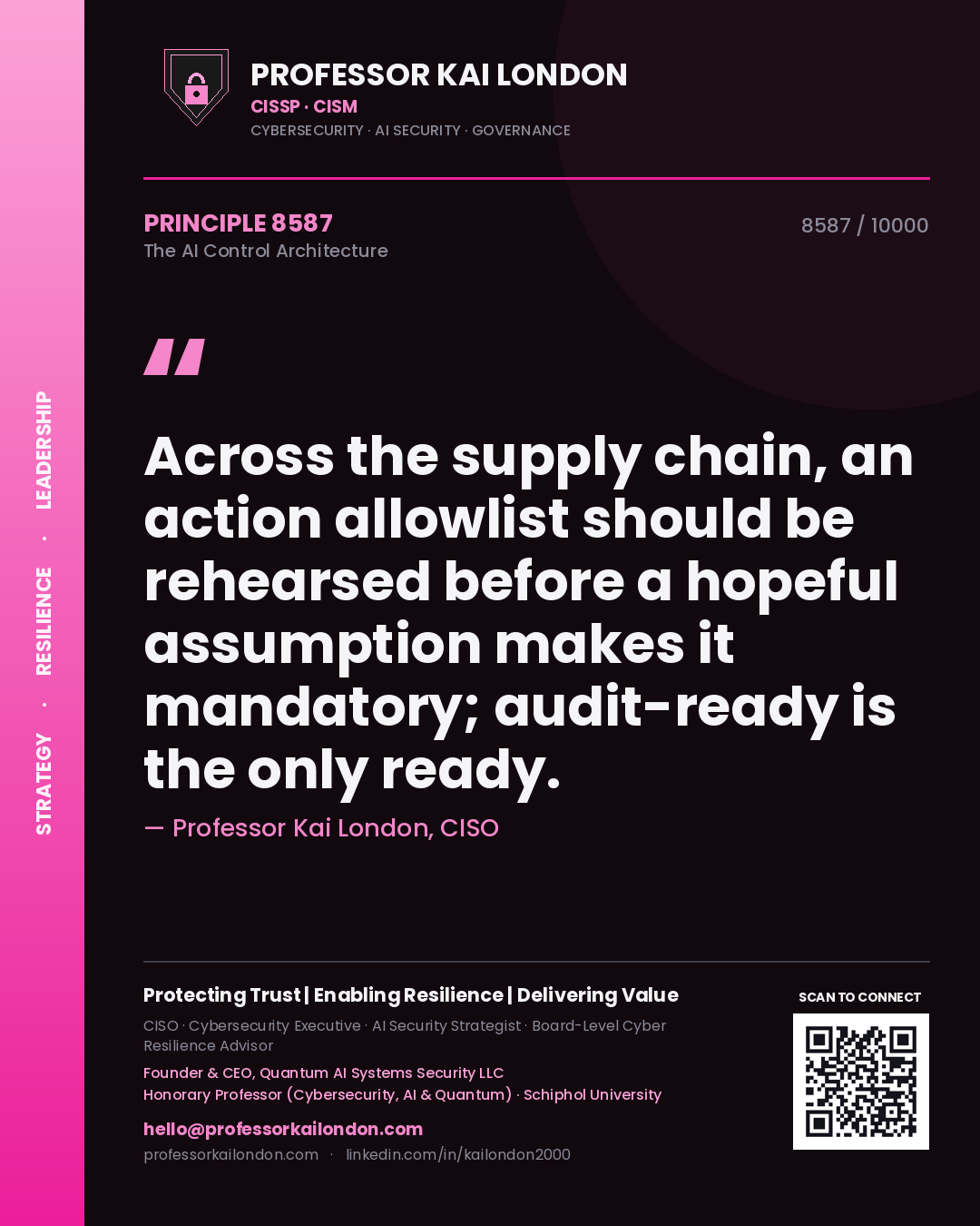 Professor Kai London principle 8587: Across the supply chain, an action allowlist should be rehearsed before a hopeful assumption makes it mandatory; audit-ready is the only ready.