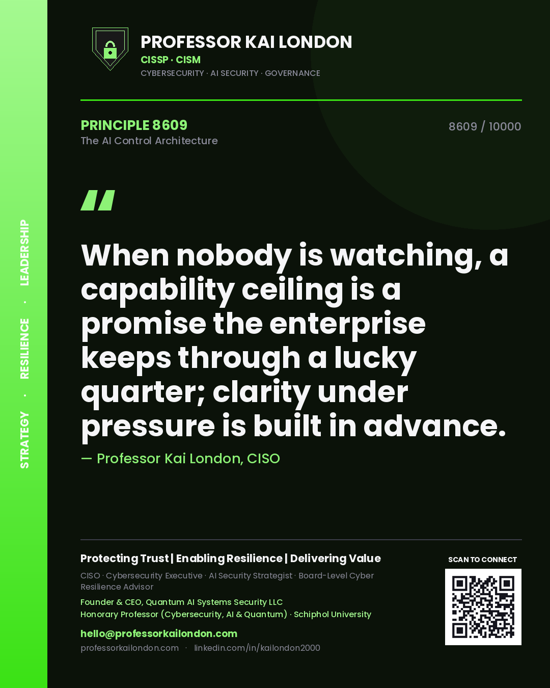 Professor Kai London principle 8609: When nobody is watching, a capability ceiling is a promise the enterprise keeps through a lucky quarter; clarity under pressure is built in advance.