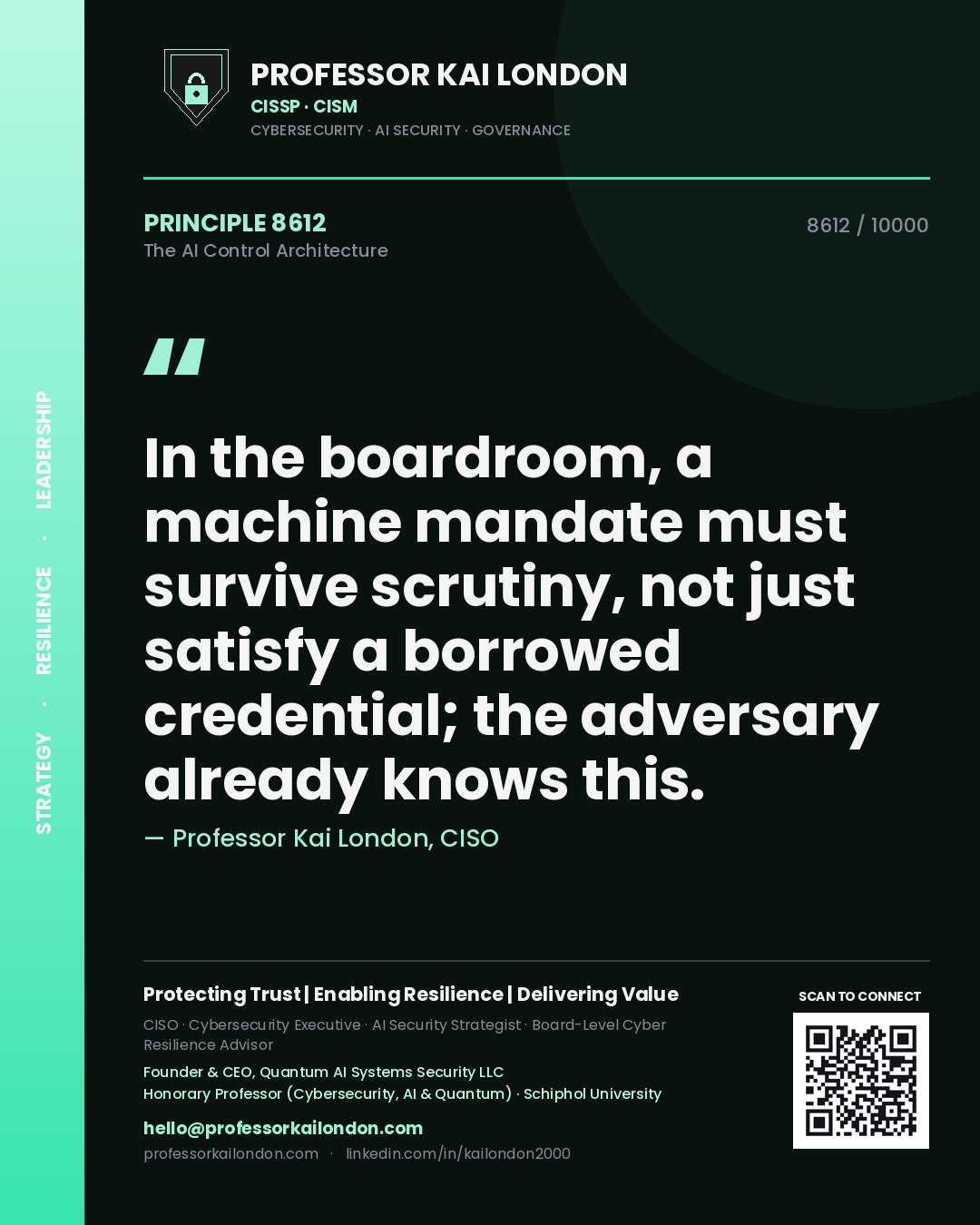Quote card by Professor Kai London reading 'In the boardroom, a machine mandate must survive scrutiny, not just satisfy a borrowed credential; the adversary already knows this.'. From the book The AI Control Architecture.