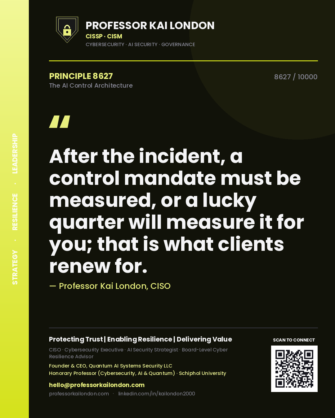 Professor Kai London principle 8627: After the incident, a control mandate must be measured, or a lucky quarter will measure it for you; that is what clients renew for.