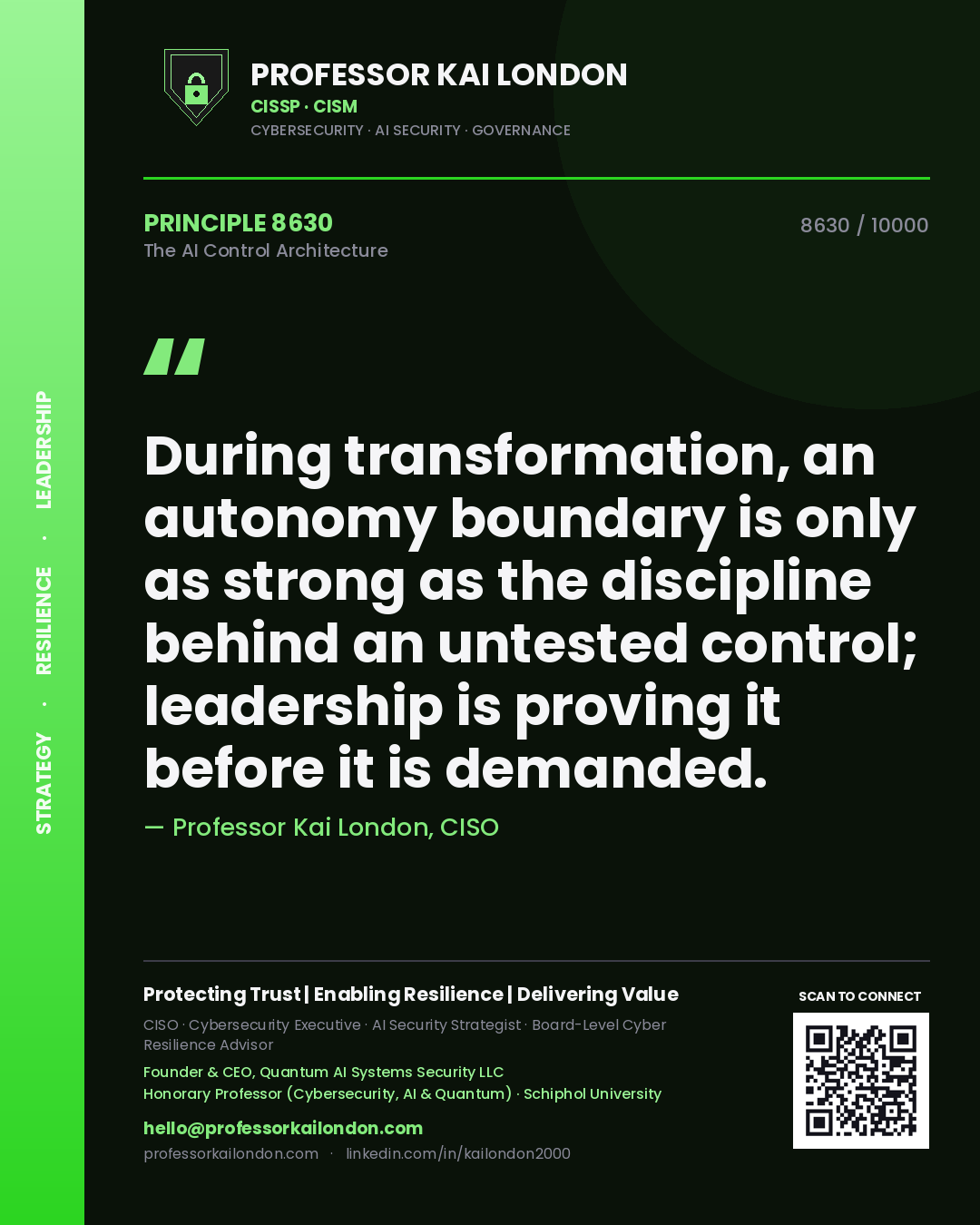Professor Kai London principle 8630: During transformation, an autonomy boundary is only as strong as the discipline behind an untested control; leadership is proving it before it is demanded.