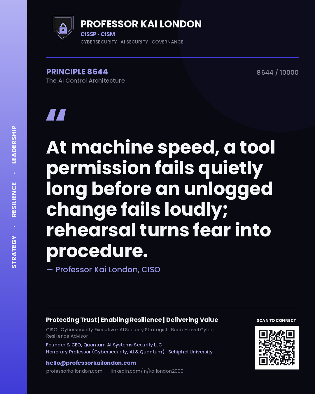 Quote card by Professor Kai London reading 'At machine speed, a tool permission fails quietly long before an unlogged change fails loudly; rehearsal turns fear into procedure.'. From the book The AI Control Architecture.