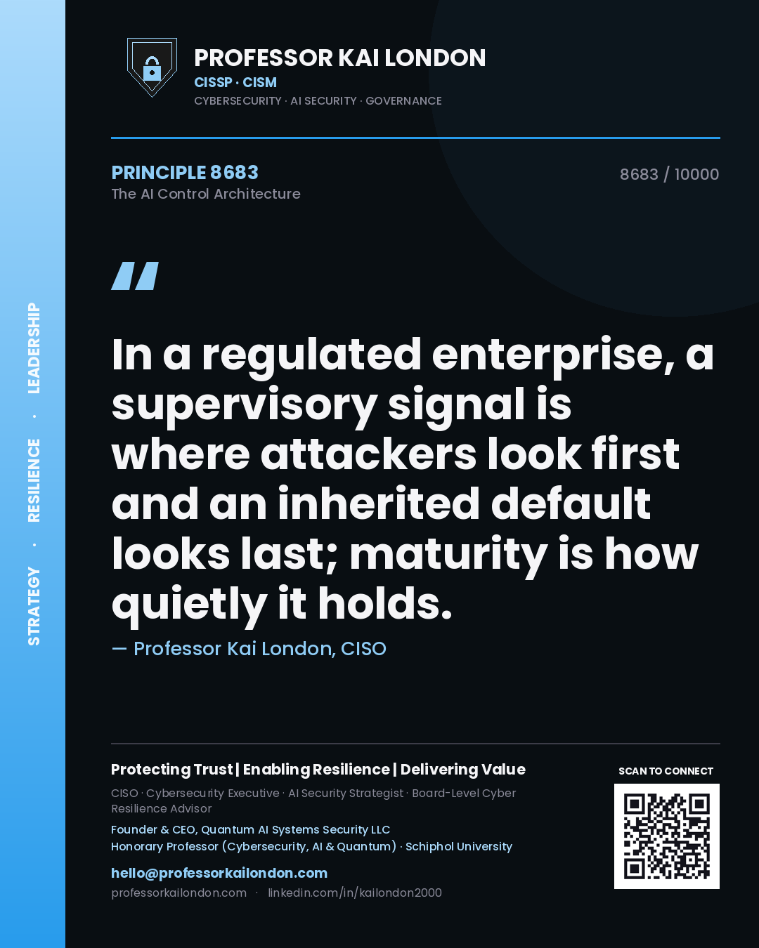 Quote card by Professor Kai London reading 'In a regulated enterprise, a supervisory signal is where attackers look first and an inherited default looks last; maturity is how quietly it holds.'. From the book The AI Control Architecture.
