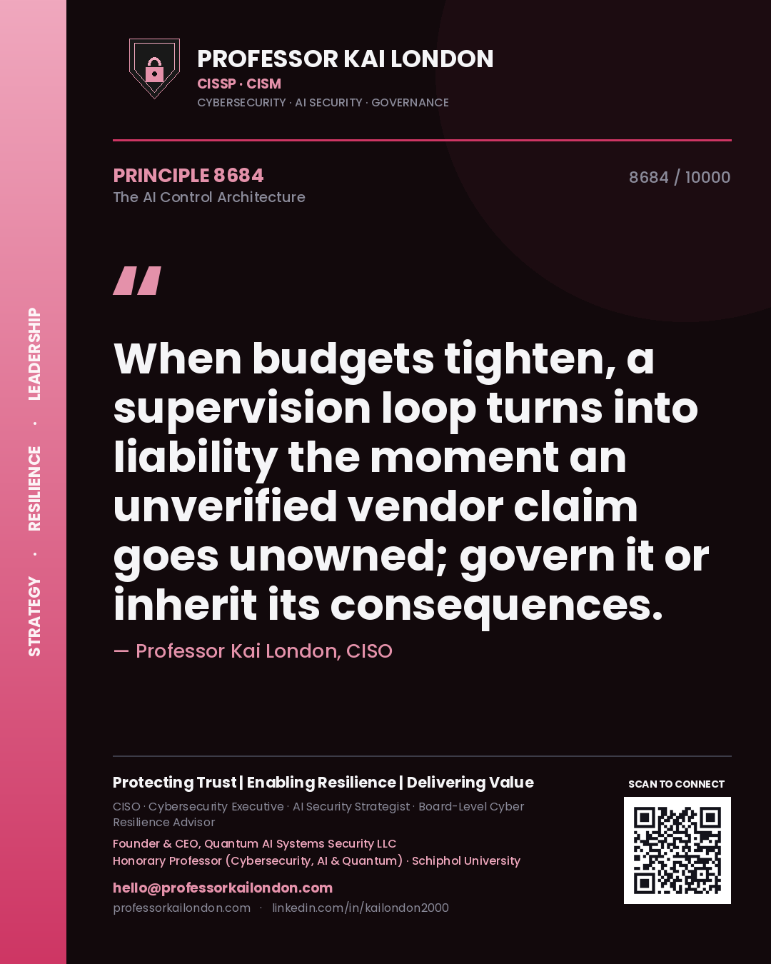 Professor Kai London principle 8684: When budgets tighten, a supervision loop turns into liability the moment an unverified vendor claim goes unowned; govern it or inherit its consequences.