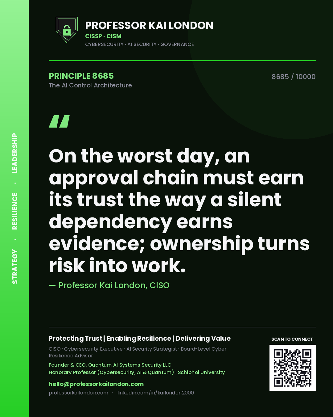 Quote card by Professor Kai London reading 'On the worst day, an approval chain must earn its trust the way a silent dependency earns evidence; ownership turns risk into work.'. From the book The AI Control Architecture.