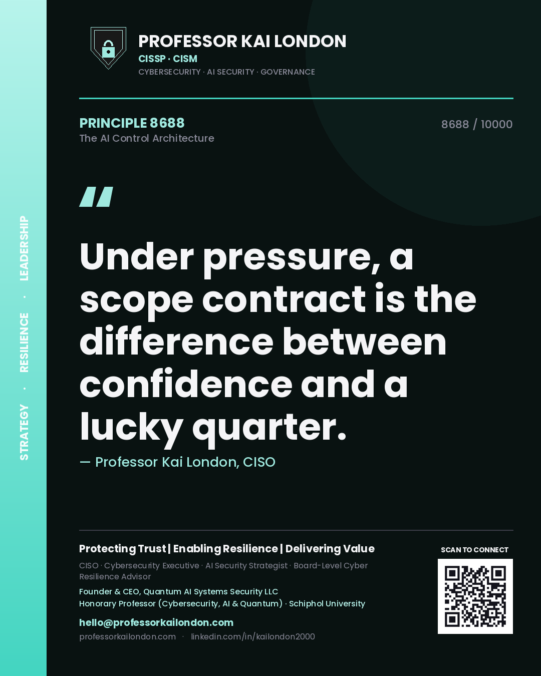Professor Kai London principle 8688: Under pressure, a scope contract is the difference between confidence and a lucky quarter.