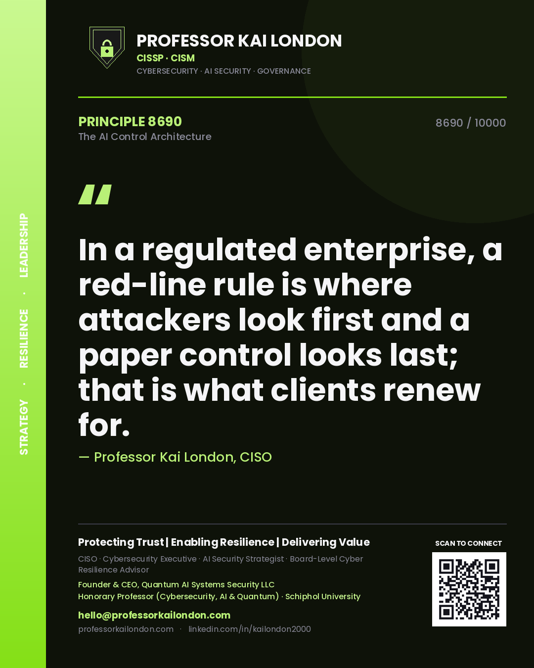Quote card by Professor Kai London reading 'In a regulated enterprise, a red-line rule is where attackers look first and a paper control looks last; that is what clients renew for.'. From the book The AI Control Architecture.