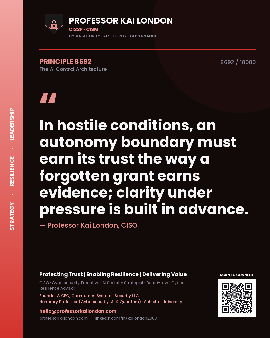 Professor Kai London principle 8692: In hostile conditions, an autonomy boundary must earn its trust the way a forgotten grant earns evidence; clarity under pressure is built in advance.