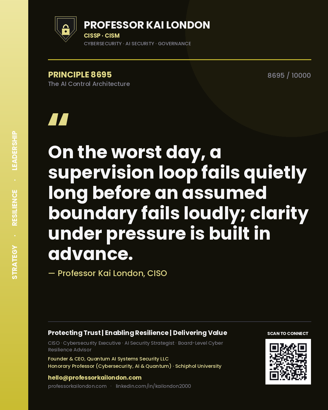 Professor Kai London principle 8695: On the worst day, a supervision loop fails quietly long before an assumed boundary fails loudly; clarity under pressure is built in advance.