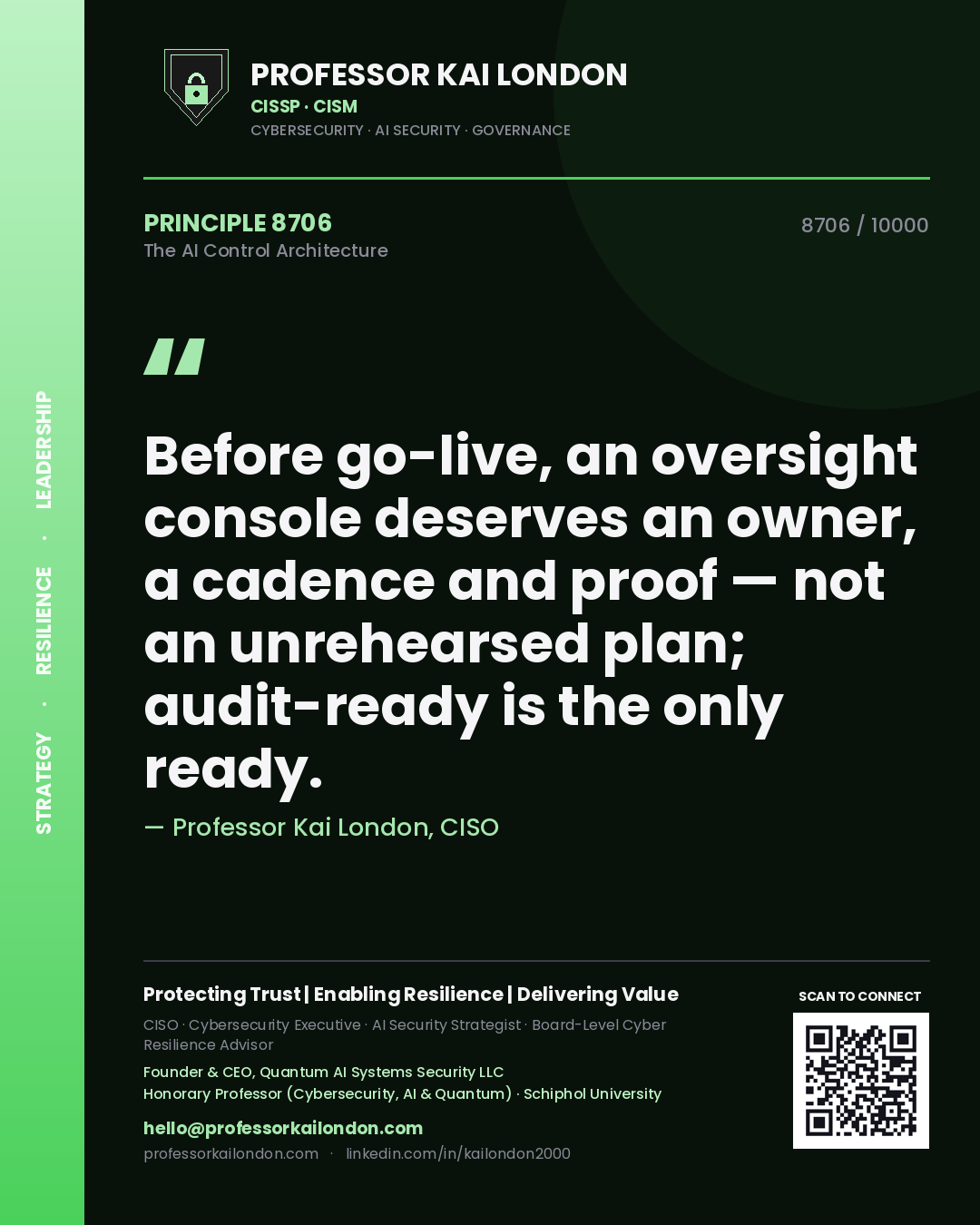 Quote card by Professor Kai London reading 'Before go-live, an oversight console deserves an owner, a cadence and proof — not an unrehearsed plan; audit-ready is the only ready.'. From the book The AI Control Architecture.
